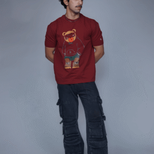 Creative Line Maroon Printer Lycra Drop Shoulder T-Shirt