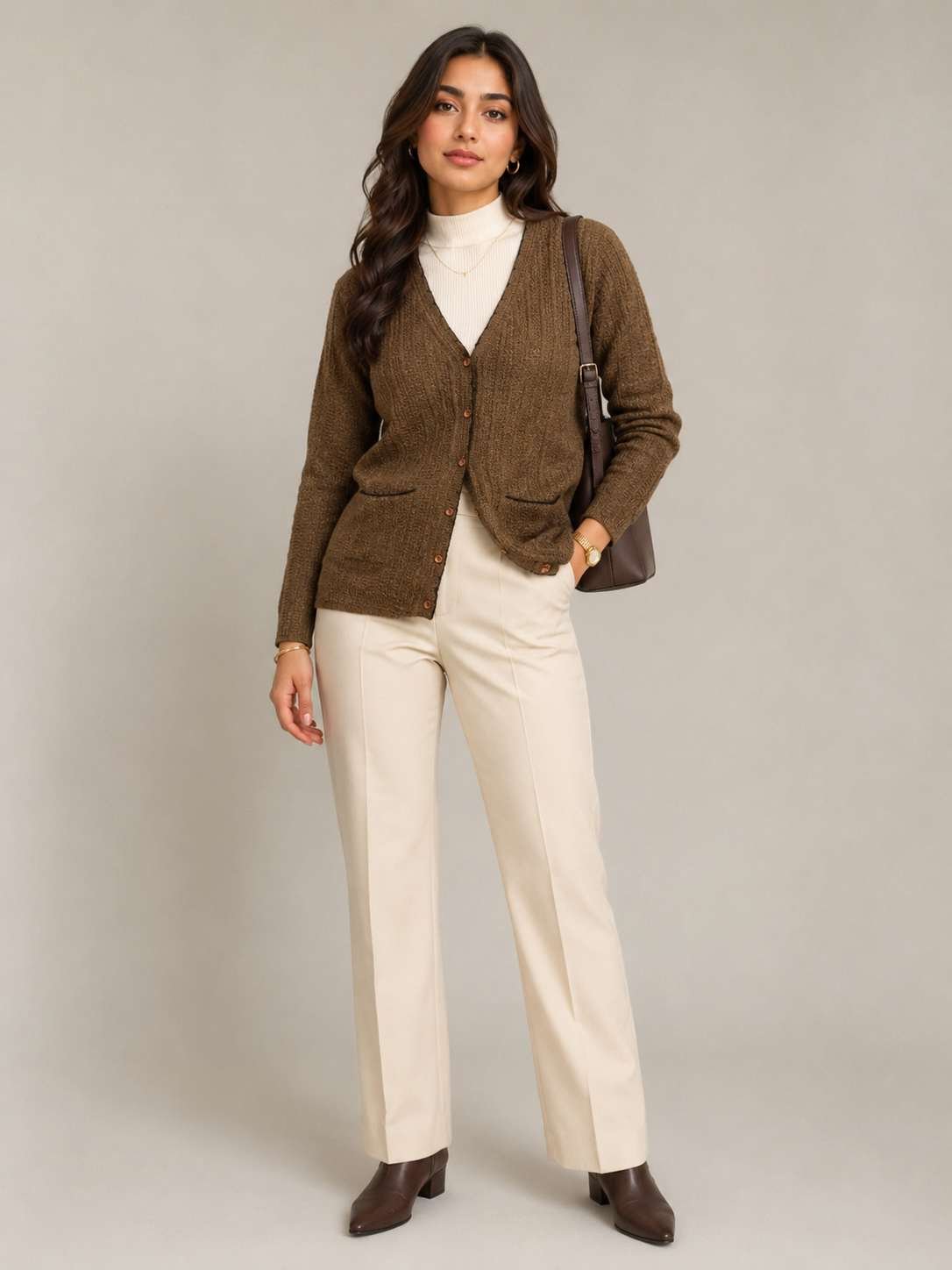 CREATIVE LINE COFFEE V NECK KNITTED POCKET CARDIGAN 1 1 2