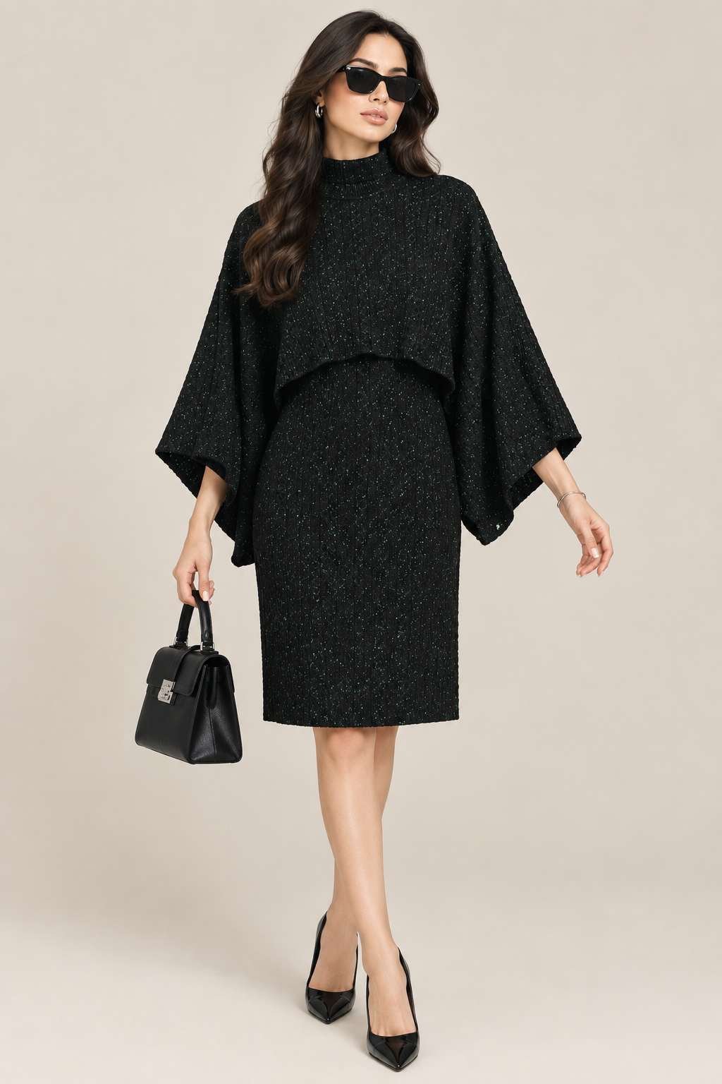CREATIVE LINE BLACK CABLE KNIT LAYERED DRESS 2 1 20