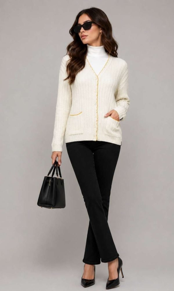 White Pocket Cardigan for Women by Creative Line