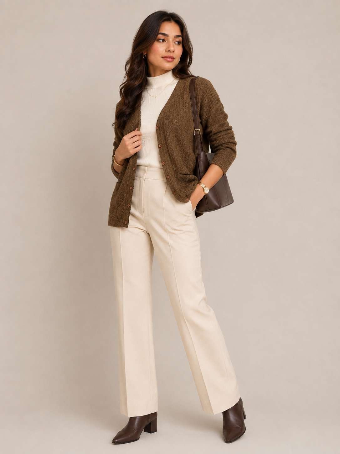CREATIVE LINE COFFEE V NECK KNITTED POCKET CARDIGAN 3 2 3