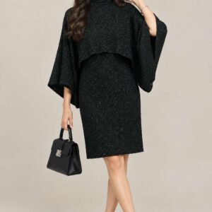 CREATIVE LINE BLACK CABLE KNIT LAYERED DRESS