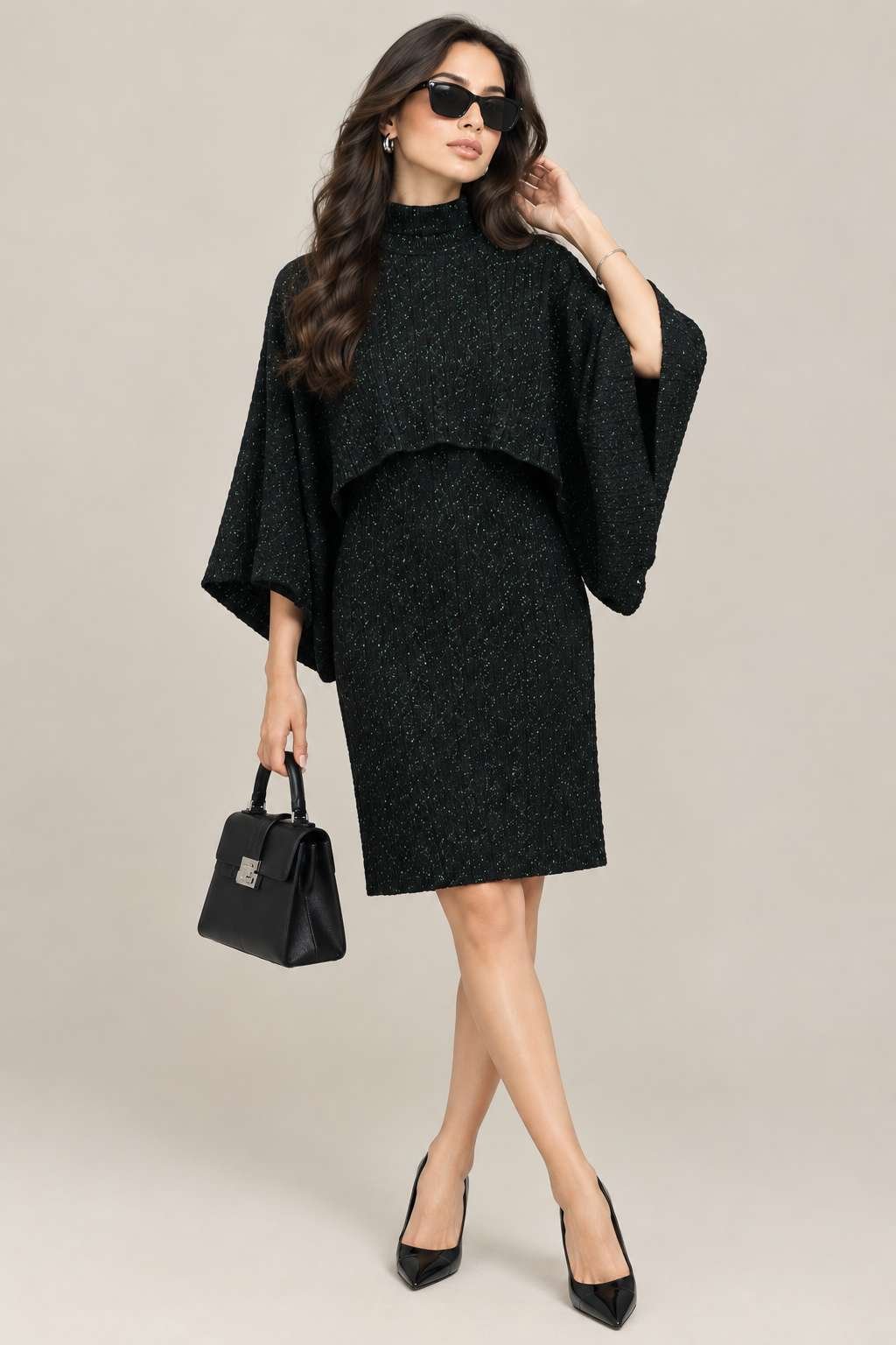 CREATIVE LINE BLACK CABLE KNIT LAYERED DRESS 1 3 16