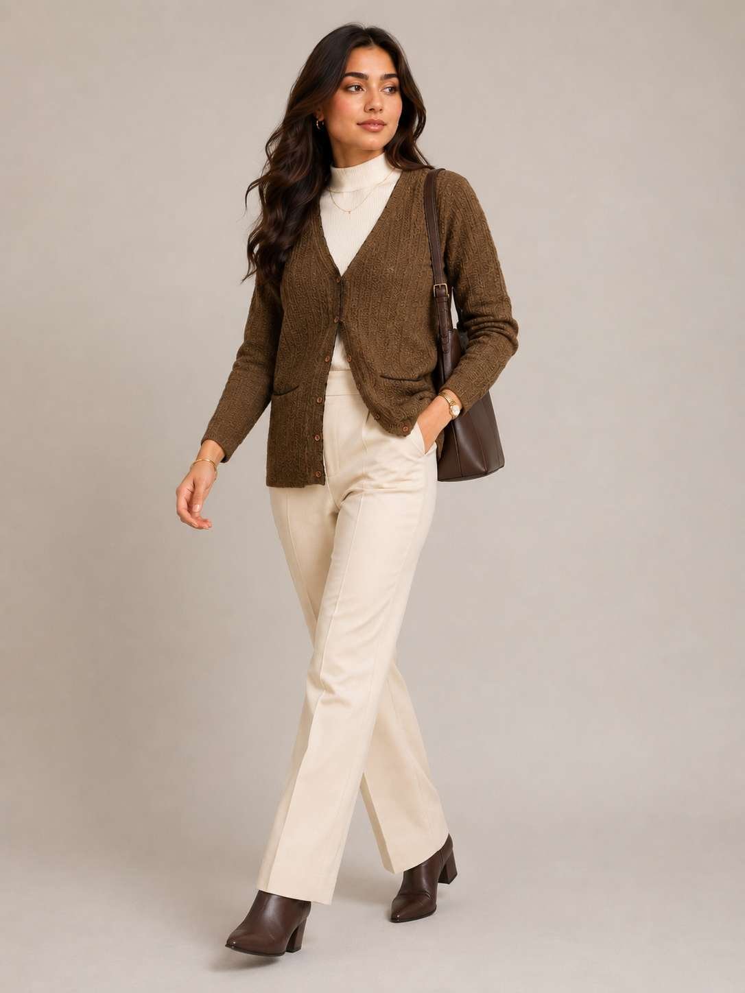 CREATIVE LINE COFFEE V NECK KNITTED POCKET CARDIGAN 4 3 2
