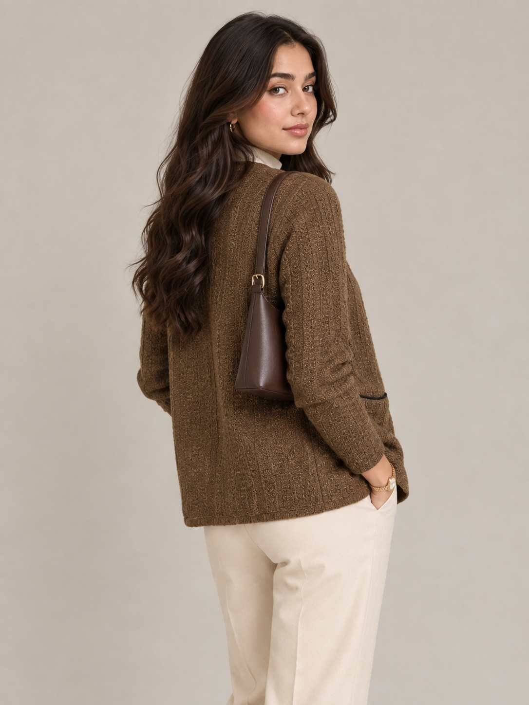 CREATIVE LINE COFFEE V NECK KNITTED POCKET CARDIGAN 6 5 2