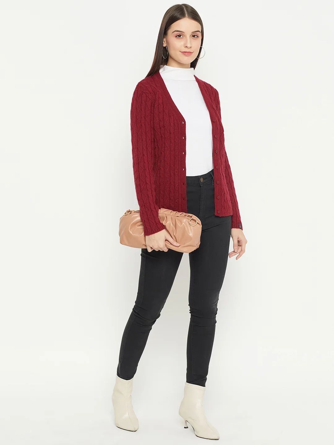 Maroon Self Design Knitted Cardigan - Image 2
