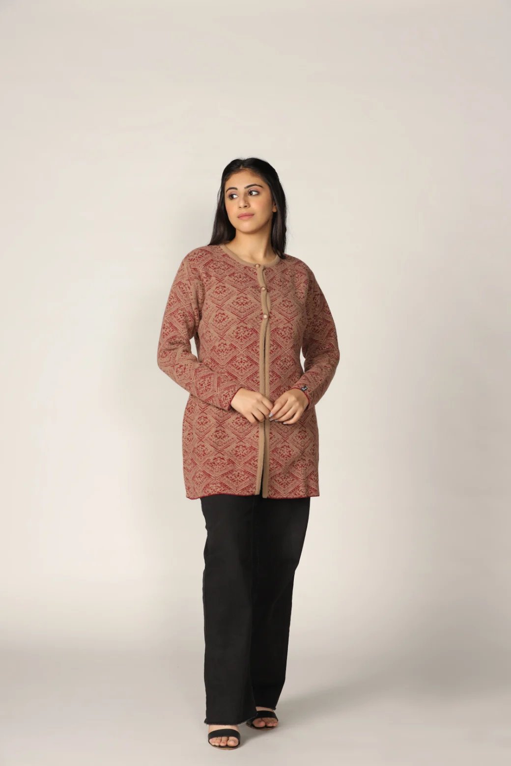 Solid Maroon Knitted Long Cardigan - Image 2