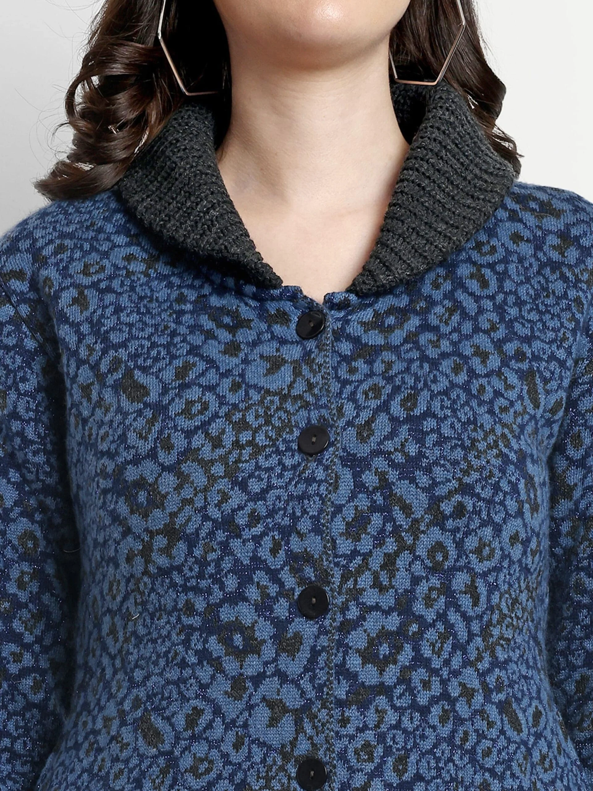 Navy Textured Wool Knitted Casual Long Coat - Image 6