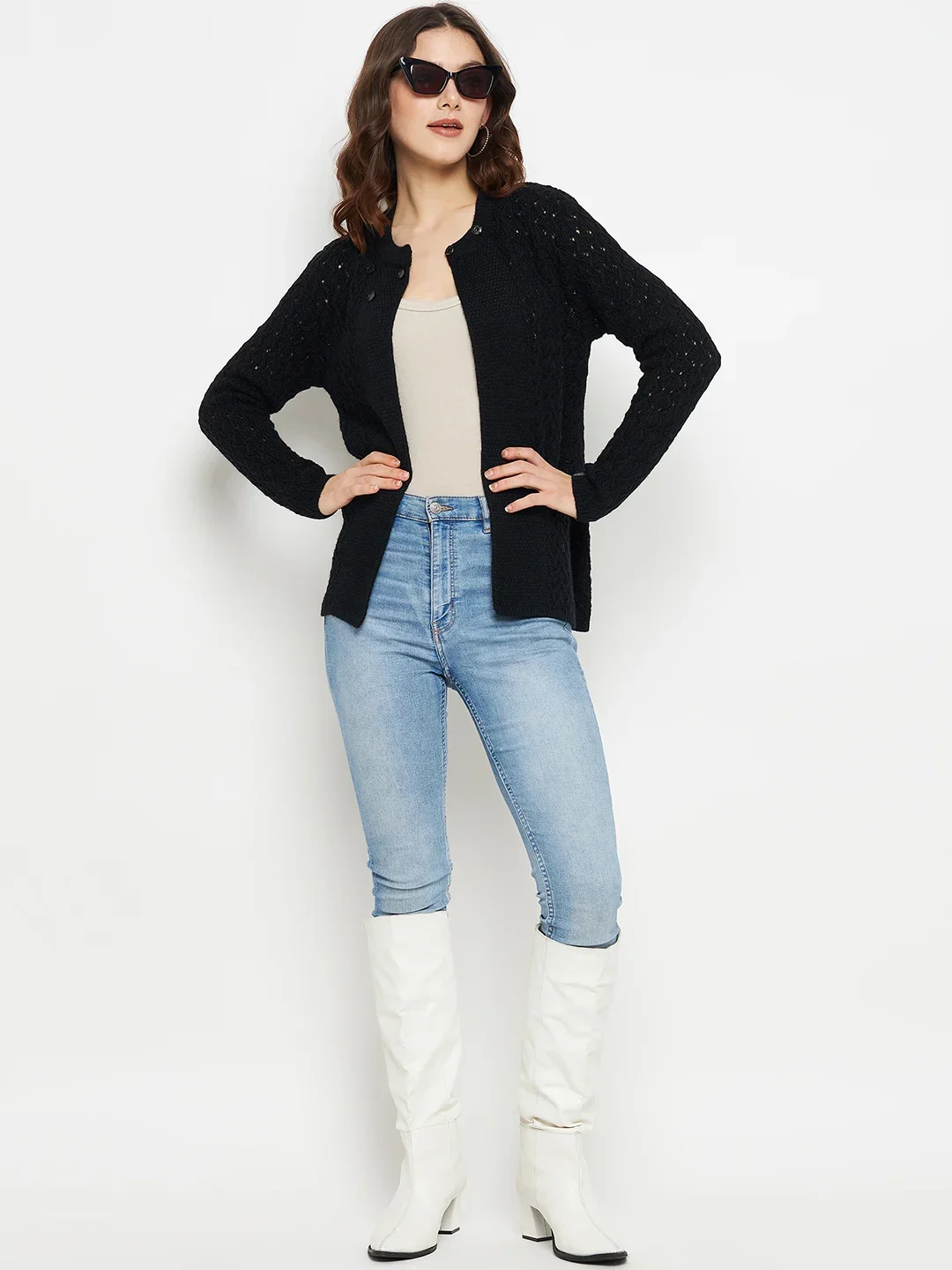 Black Neck Button Knitted Cardigan - Image 2