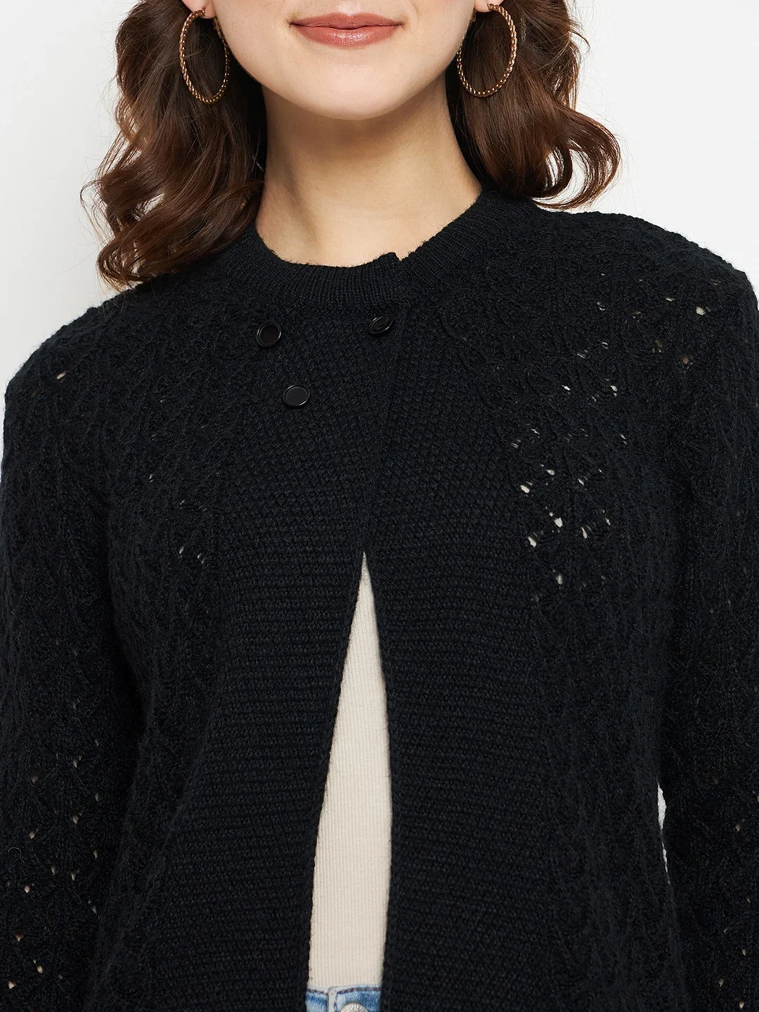 Black Neck Button Knitted Cardigan - Image 5