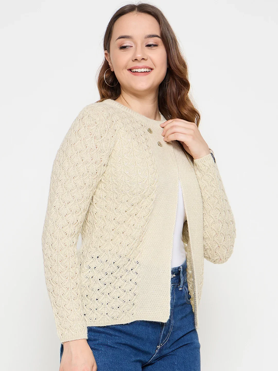 Creative Line Beige Self Design Knitted Cardigan - Image 4