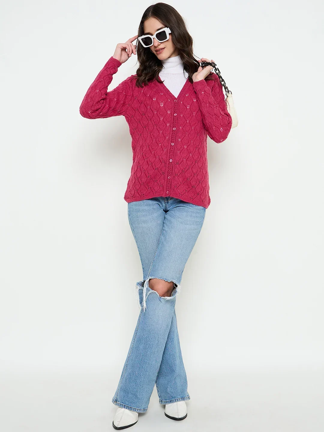 Creative Line Pink Self Design Knitted Cardigan - Image 2