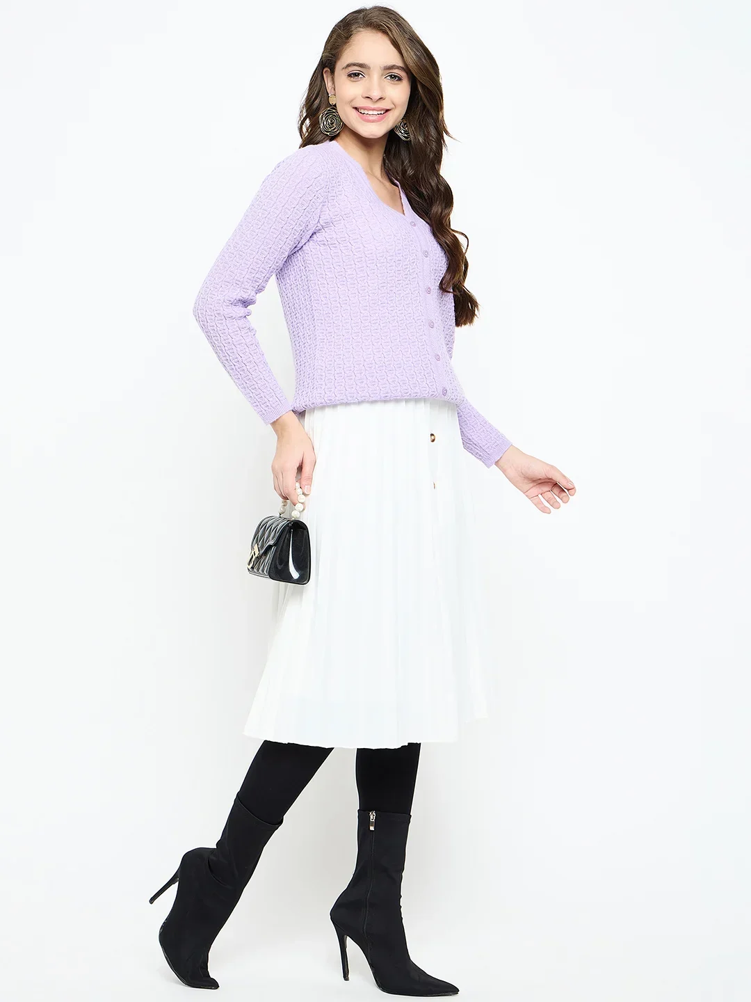Creative Line Purple Self Design Knitted Cardigan - Image 2