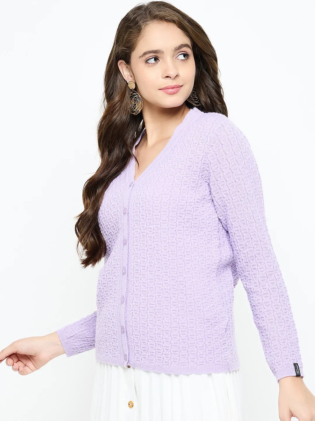 Creative Line Purple Self Design Knitted Cardigan - Image 3