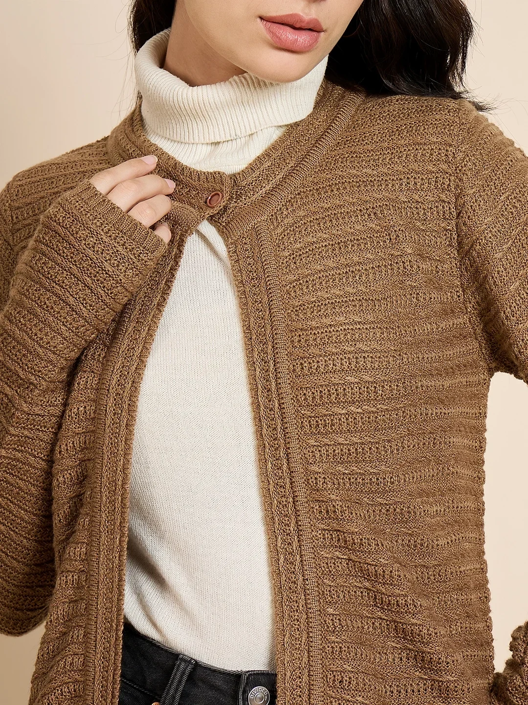Creative Line Brown Self Design Knitted Cardigan - Image 5