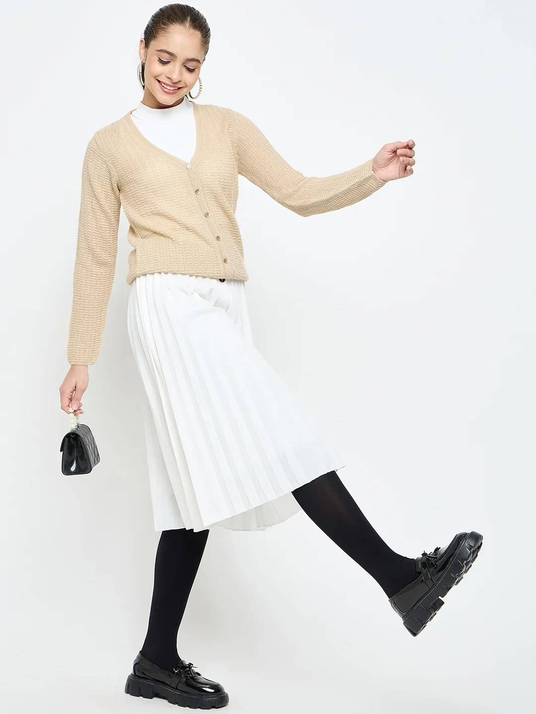 Creative Line Beige Self Design Knitted Cardigan - Image 2