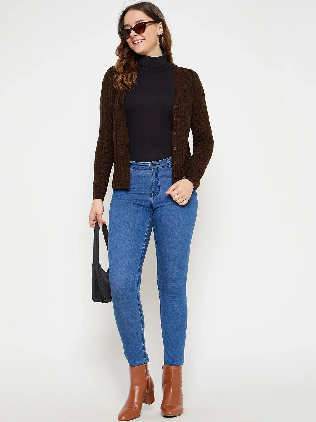 Creative Line Brown Self Design Knitted Cardigan - Image 2