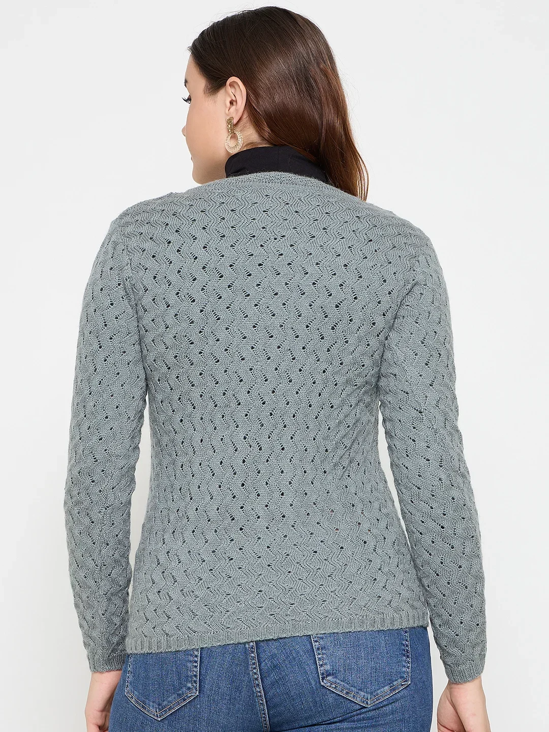 Creative Line Grey Self Design Knitted Cardigan - Image 5
