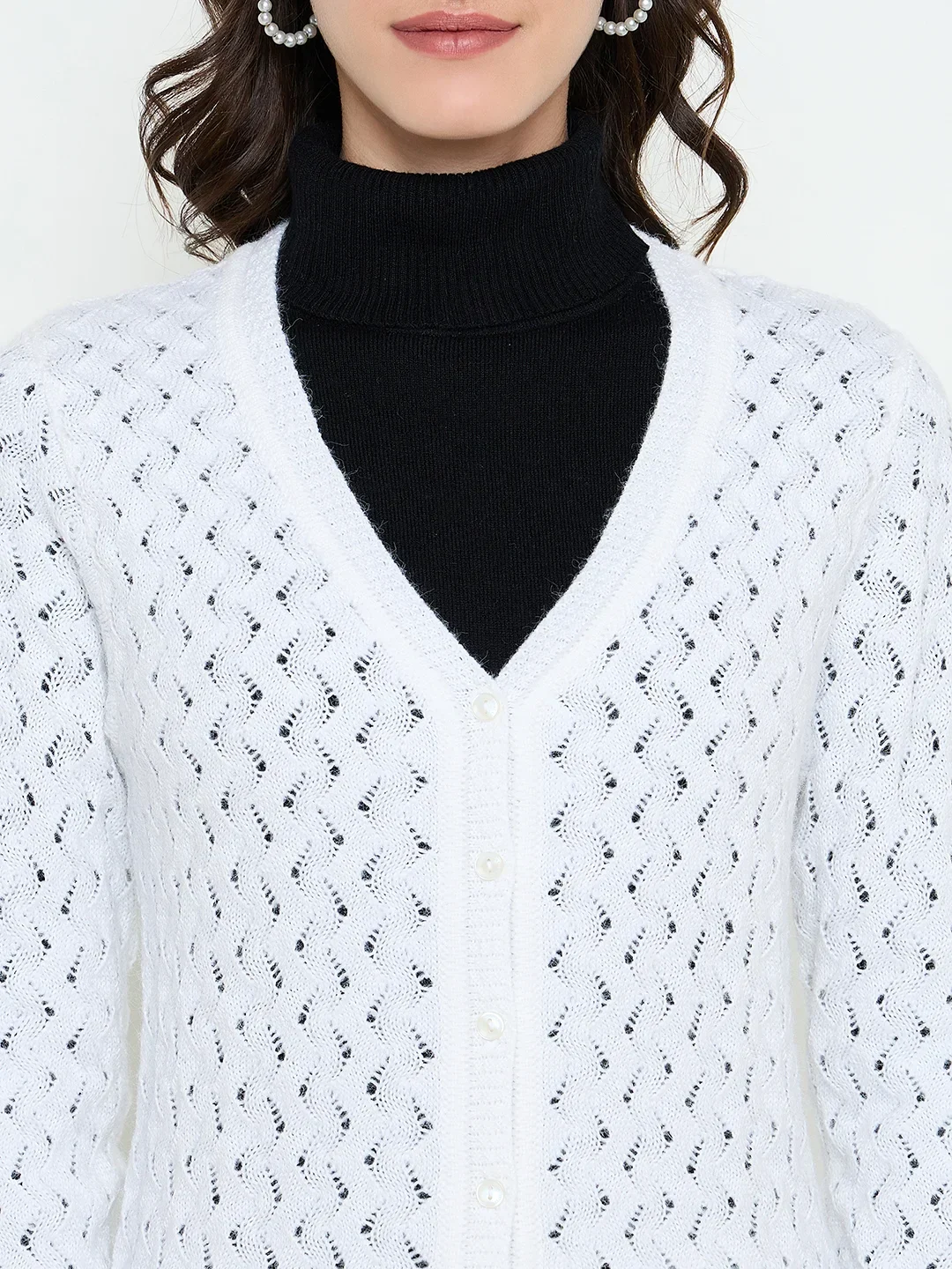 Creative Line White Self Design Knitted Cardigan - Image 6