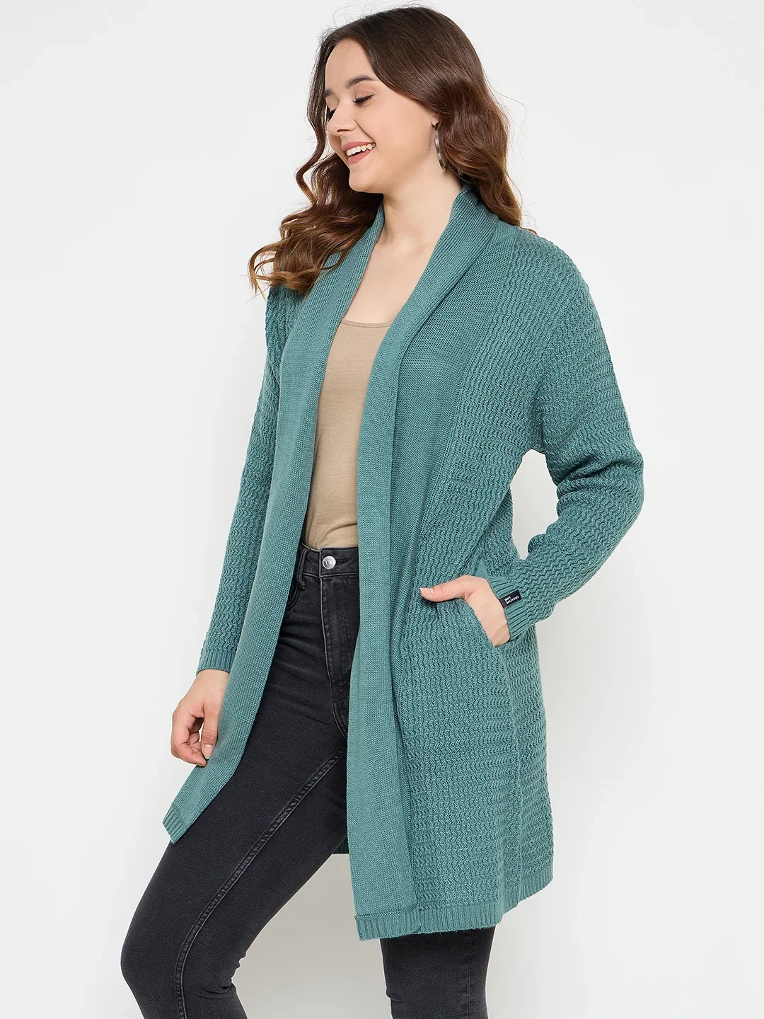 Creative Line Green Self Design Knitted Shrug - Image 4