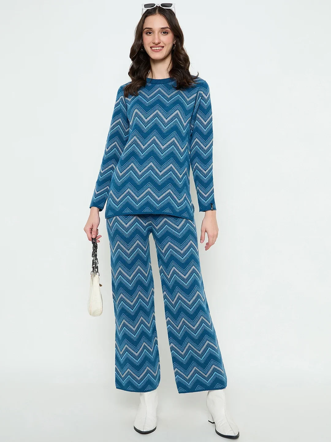 Creative Line Blue Self Design Knitted Co-ord Set - Image 2