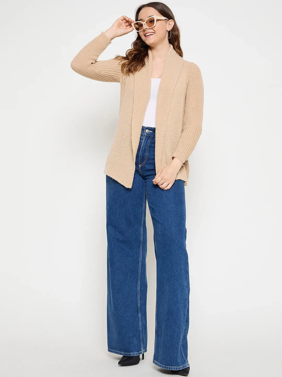 Creative Line Beige Self Design Knitted Shrug - Image 2