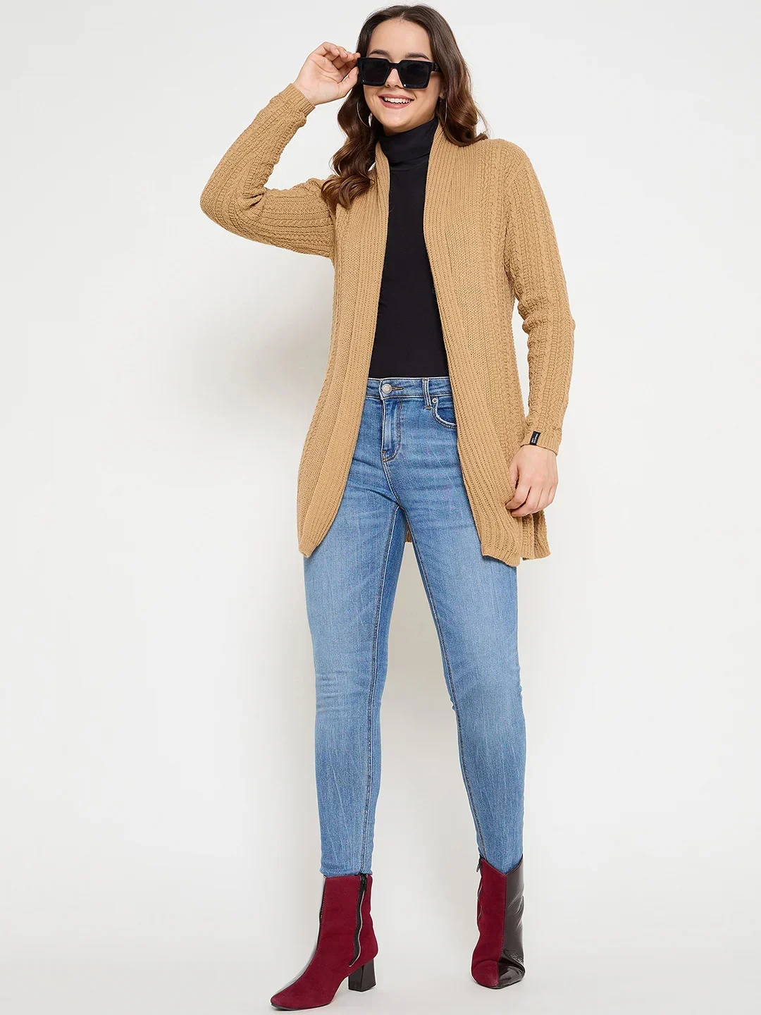 Creative Line Beige Self Design Knitted Shrug - Image 2