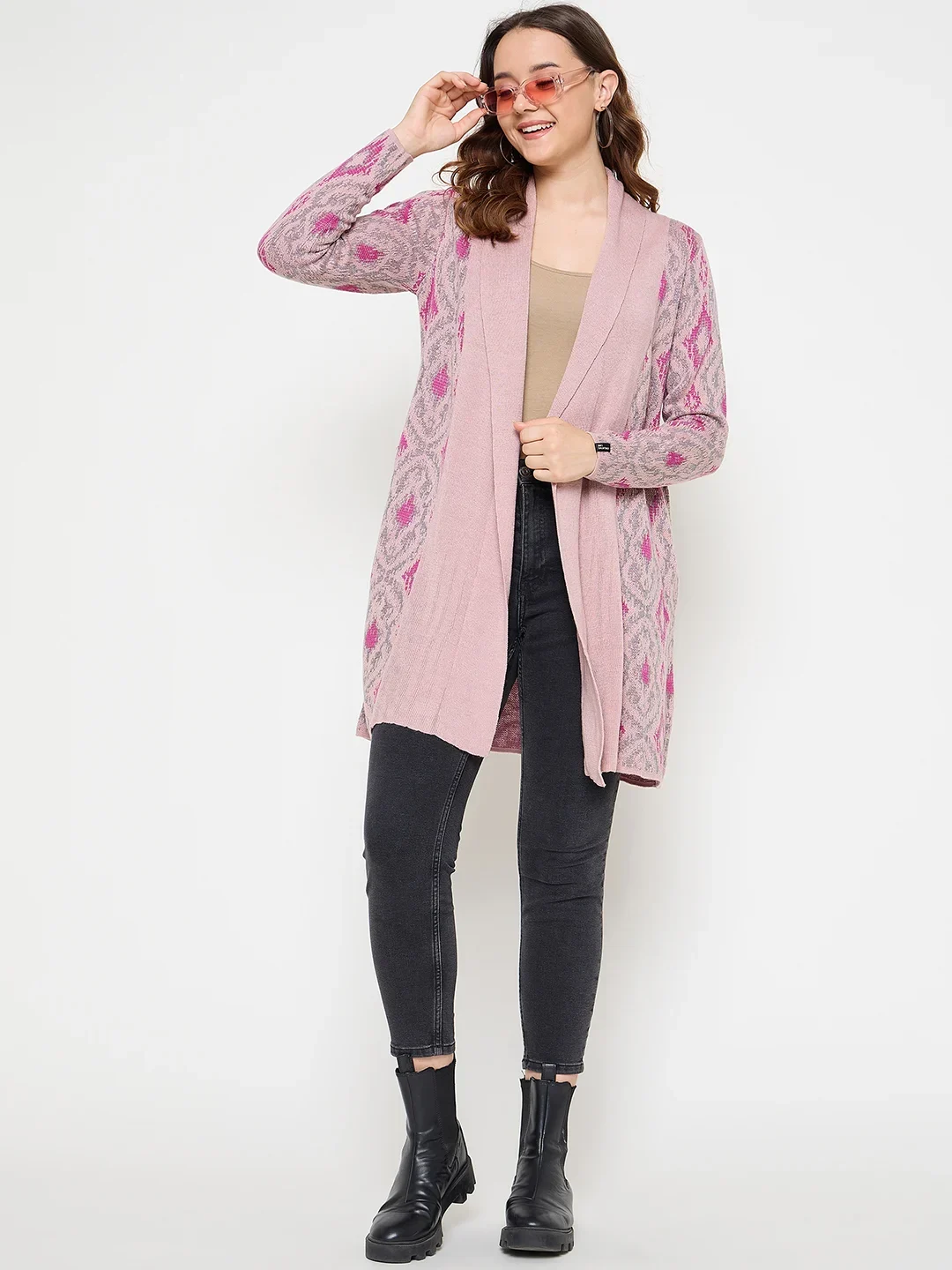 Creative Line Pink Self Design Knitted Shrug - Image 2