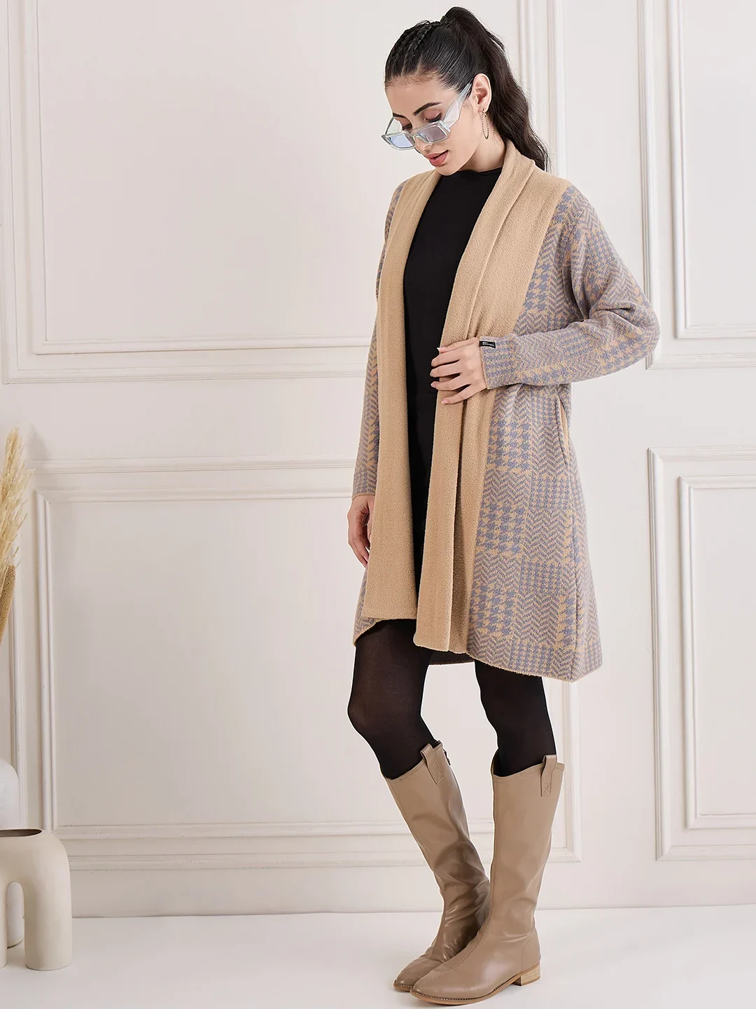 Creative Line Beige Self Design Knitted Shrug - Image 2