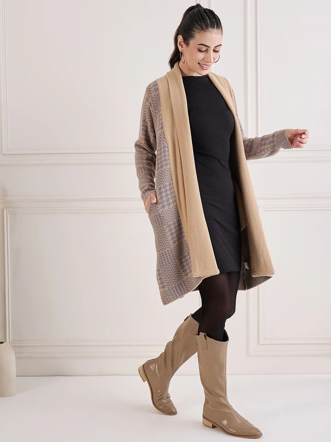 Creative Line Beige Self Design Knitted Shrug - Image 3