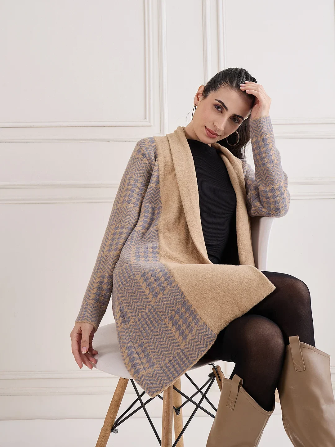 Creative Line Beige Self Design Knitted Shrug - Image 7