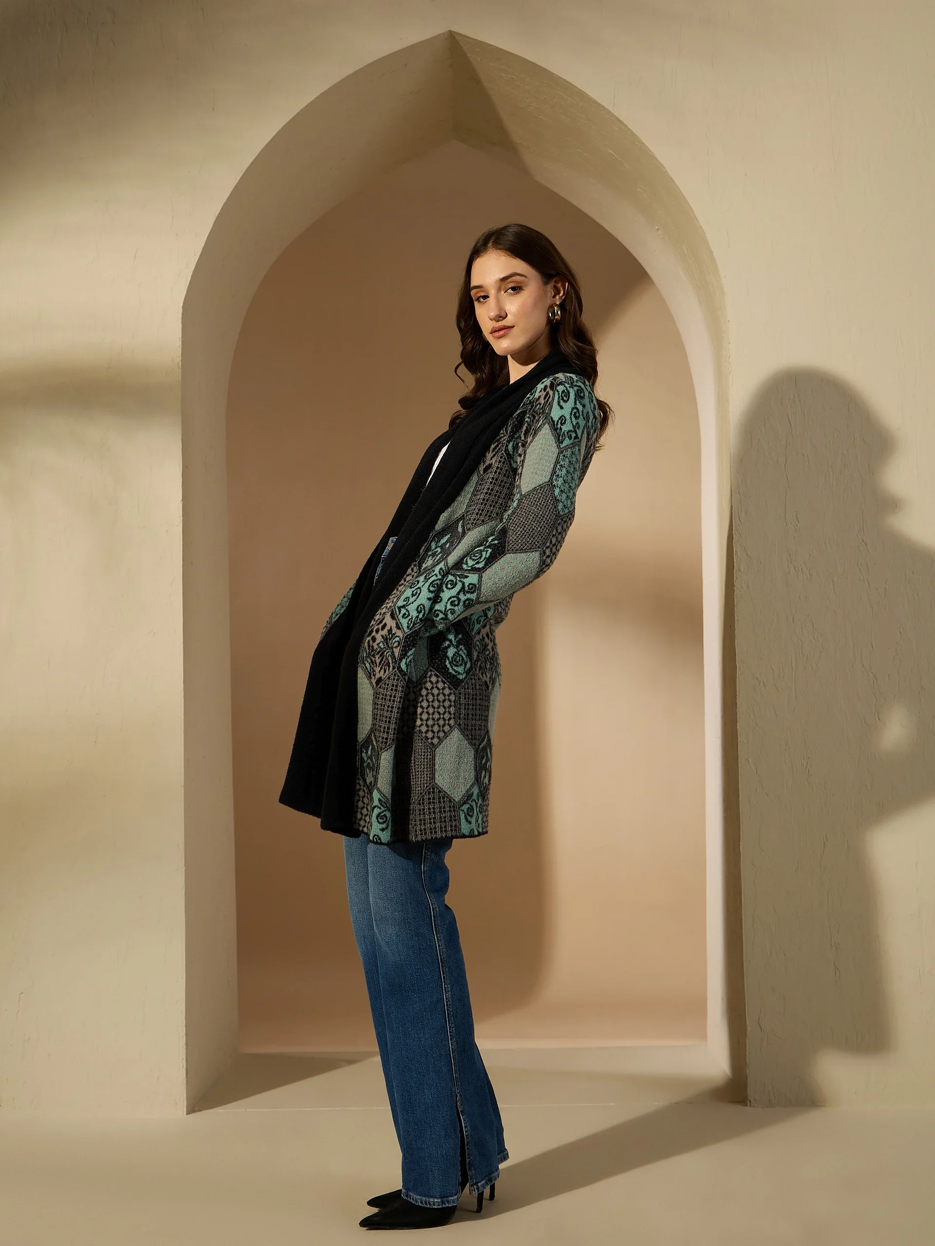 Creative Line Blue Self Design Knitted Shrug - Image 2