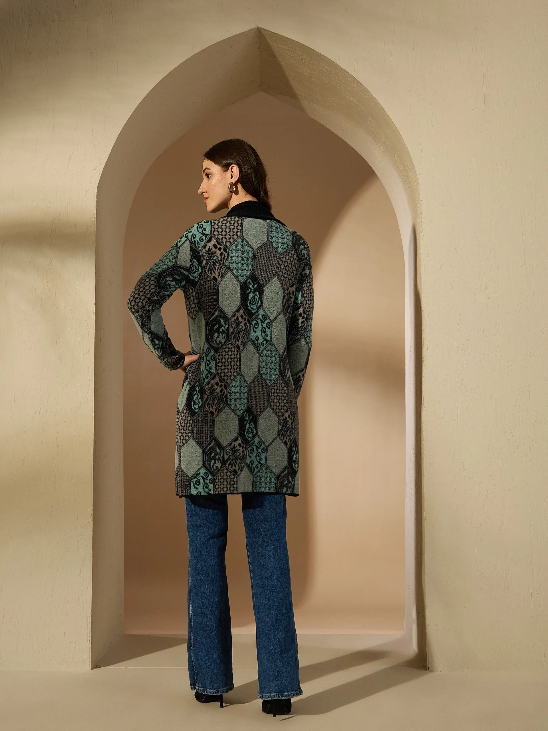 Creative Line Blue Self Design Knitted Shrug - Image 4