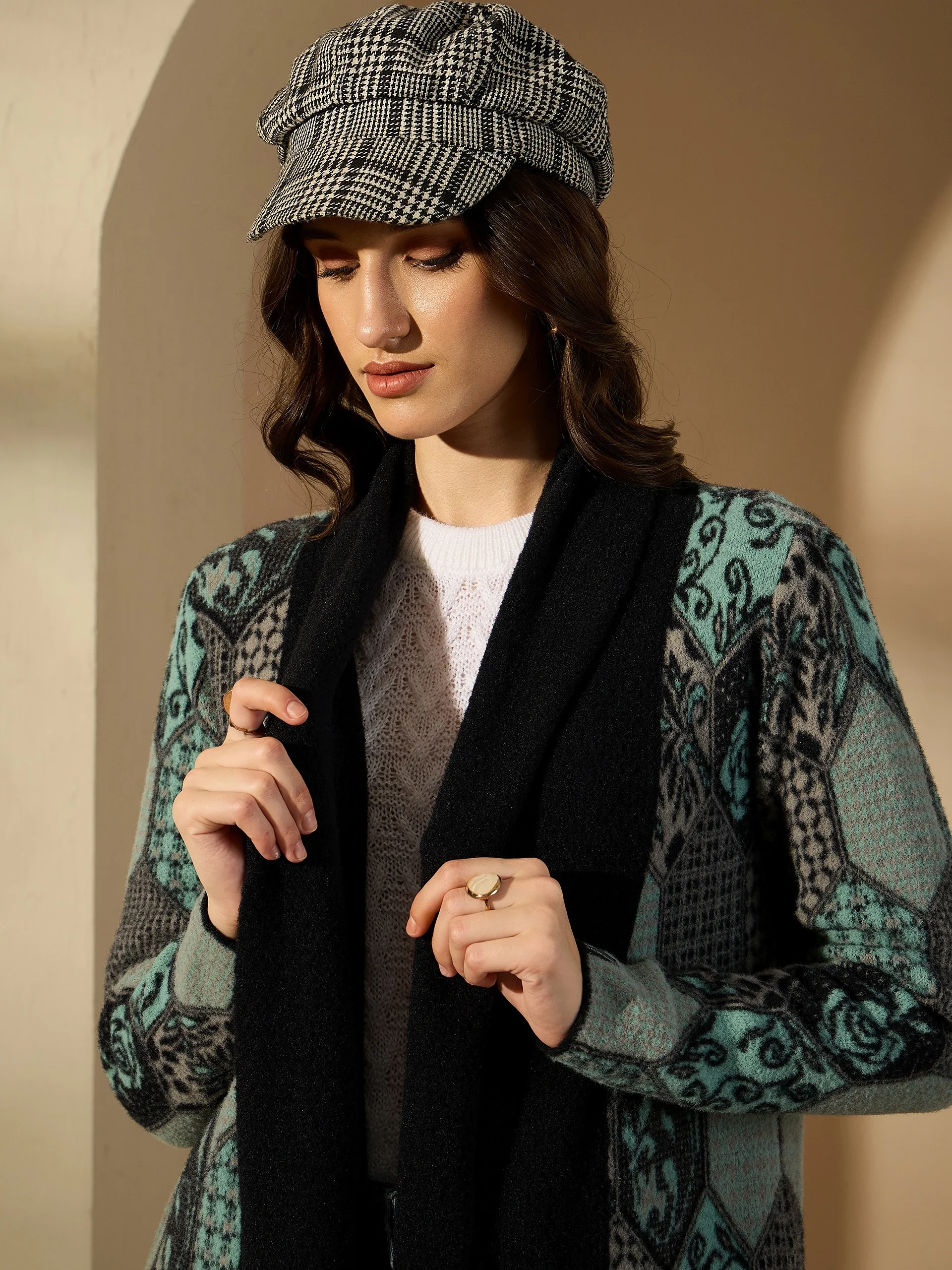 Creative Line Blue Self Design Knitted Shrug - Image 6