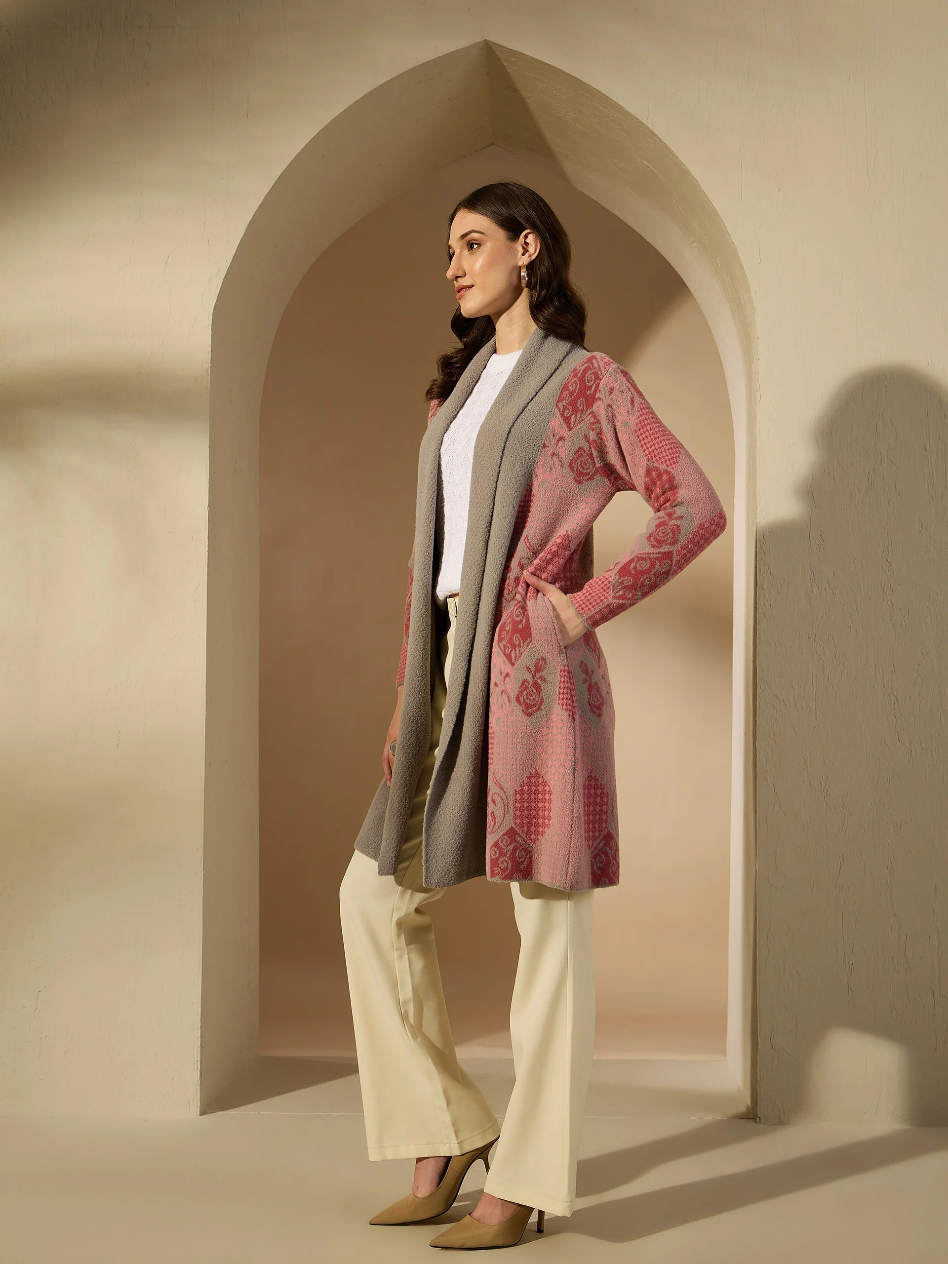 Creative Line Pink Self Design Knitted Shrug - Image 2