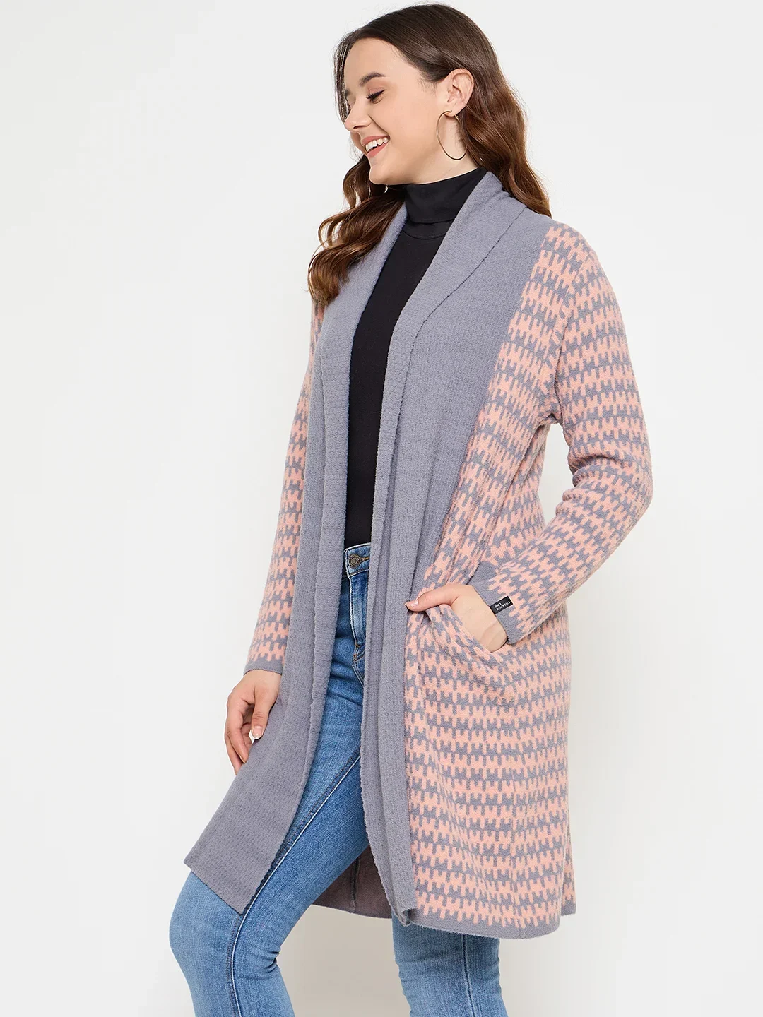 Creative Line Grey Self Design Knitted Shrug - Image 3