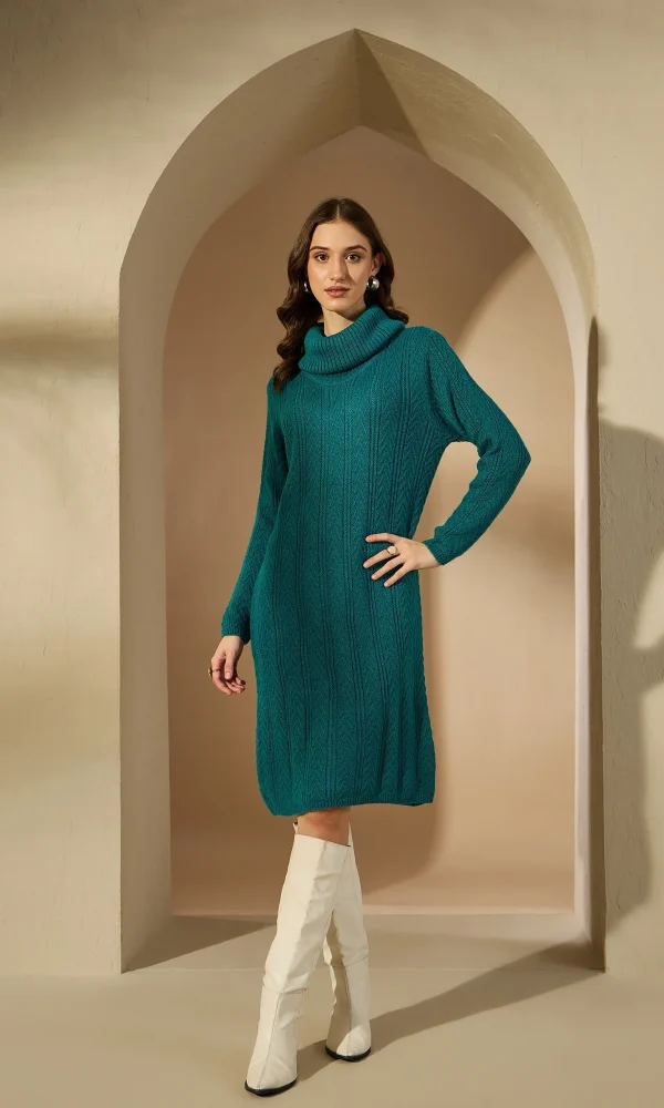 Teal Knitted Dress for Women by Creative Line