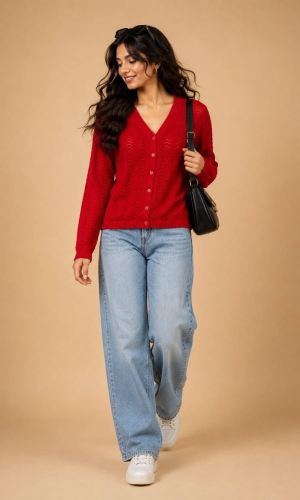 Red V-Neck Cardigan for Women by Creative Line