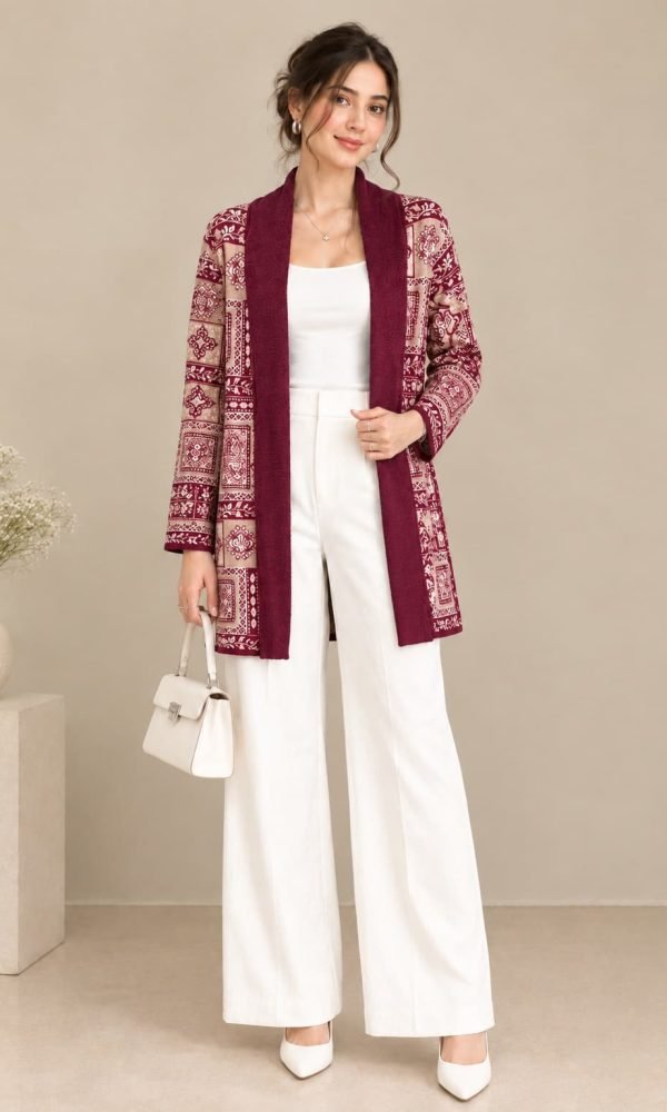 Maroon Open Front Shrug for Women by Creative Line