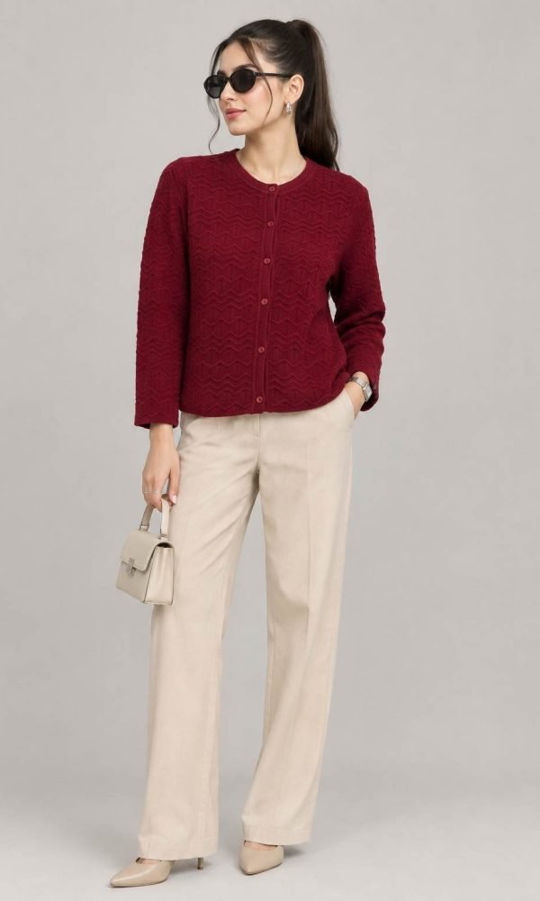 Maroon Textured Cardigan for Women by Creative Line