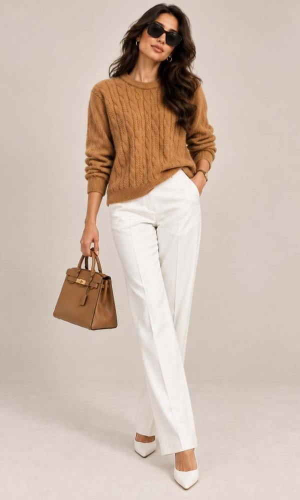 Camel Knit Round Neck Top for Women by Creative Line