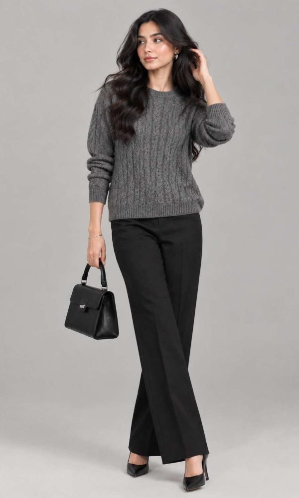 Grey Knit Round Neck Top for Women by Creative Line