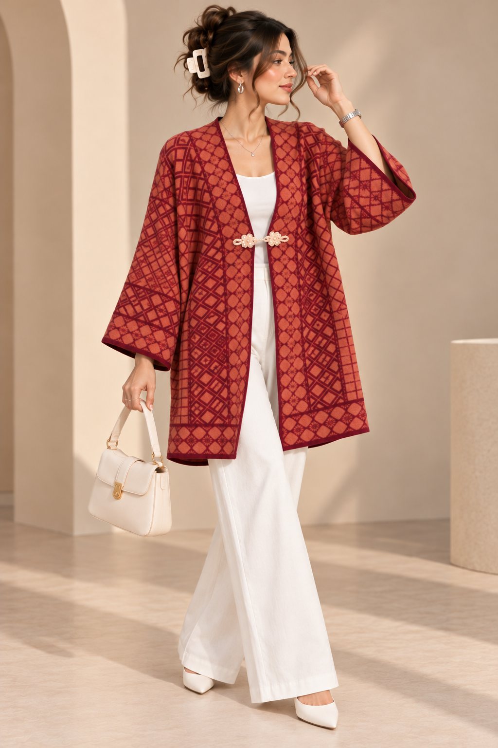Elegant Burgundy Kimono Fashion Portrait 1